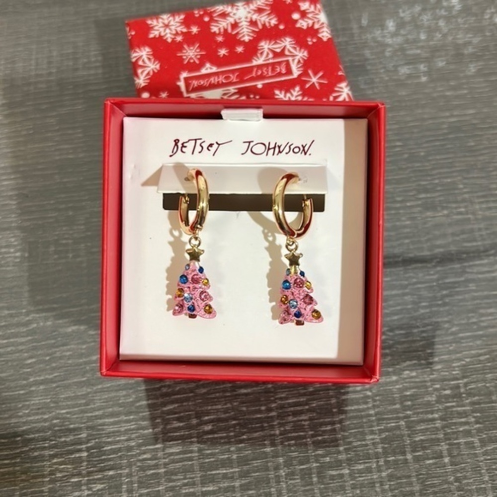 Betsey Johnson Huggie Pink Christmas Tree Earrings